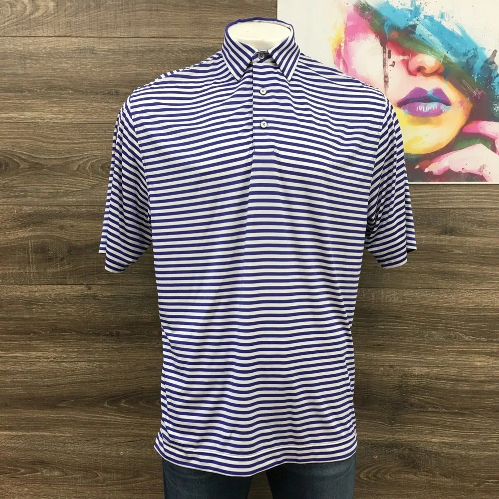 FootJoy Mens Large Blue White Striped Portland Golf Club Polo Shirt Short Sleeve